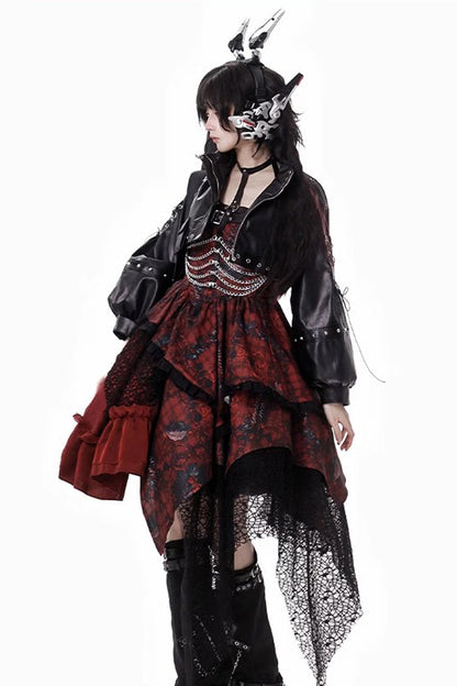Sleeveless Printed Gothic JSK Dress with Asymmetric Ruffled Lace - Strawberries of Blood and Tears