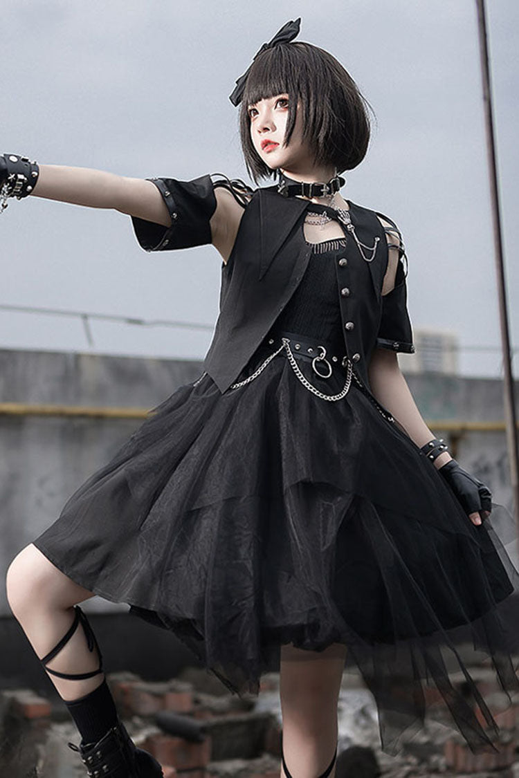 Black Sleeveless Punk JSK Dress with Crow Motif - Gothic Lolita