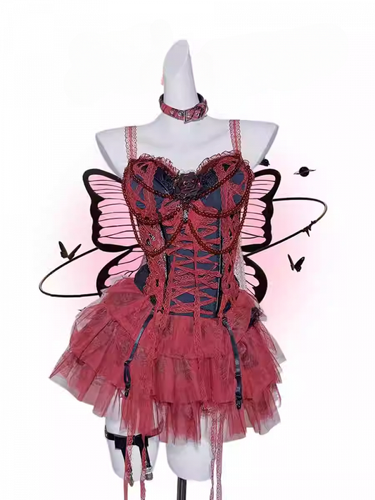 Gothic Black&Red Lace Trim Rosette Beaded Chain Corset Cami Top+  Tiered Skirt