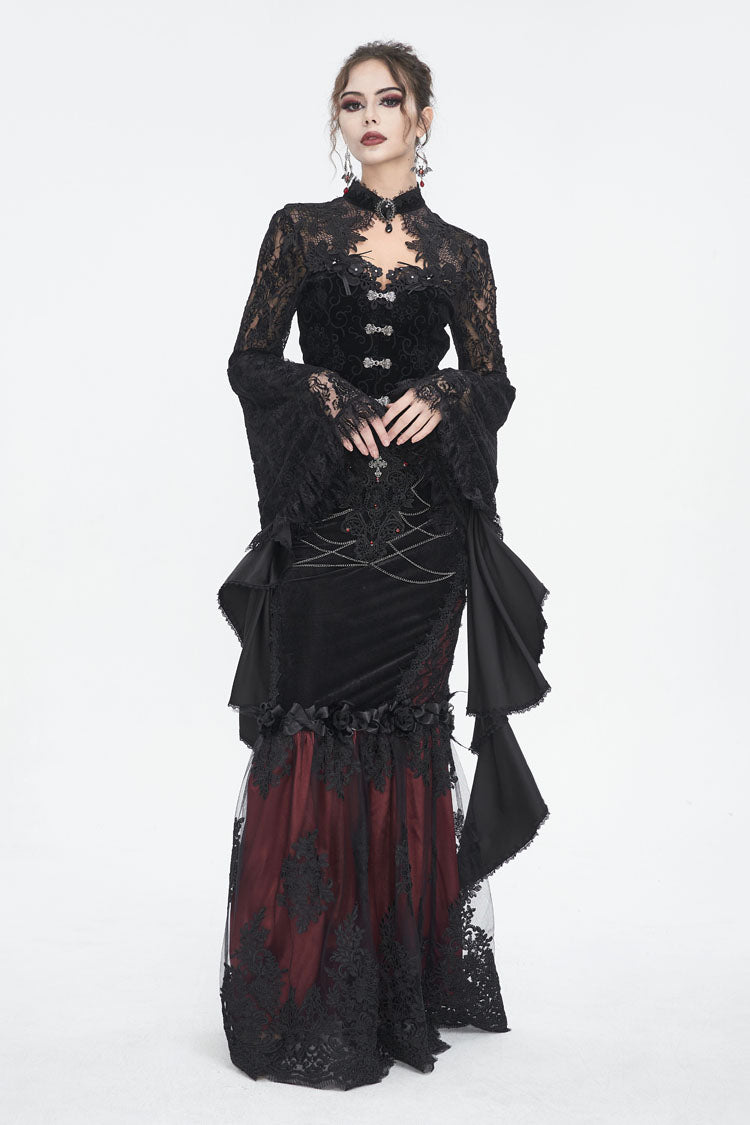 Women's Dark Blouse with Flared Sleeves and Lace Trim