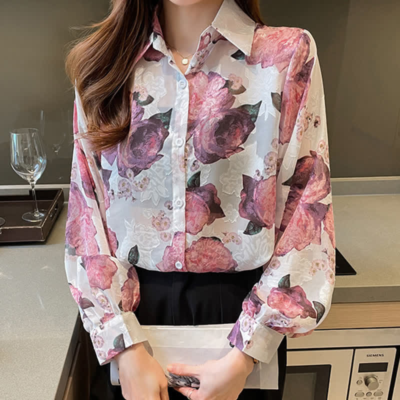 Chemise en mousseline de soie à manches bouffantes et broderie florale rose