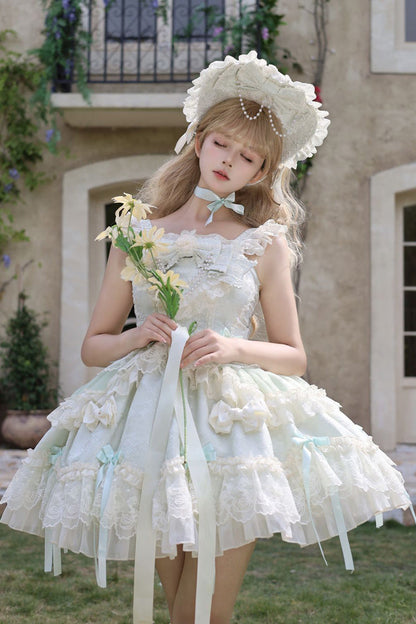 Green Blossoming Heart Love Sleeveless Dark Jacquard Print Bow Lace Sweet Lolita Jsk Dress