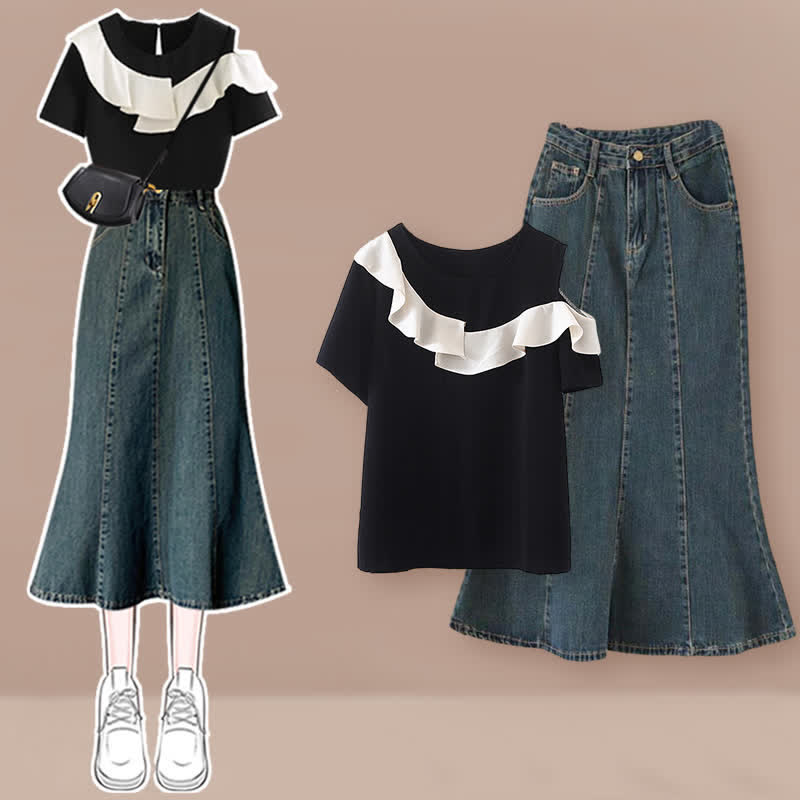 Irregular Flouncing T-Shirt Denim Skirt Pants