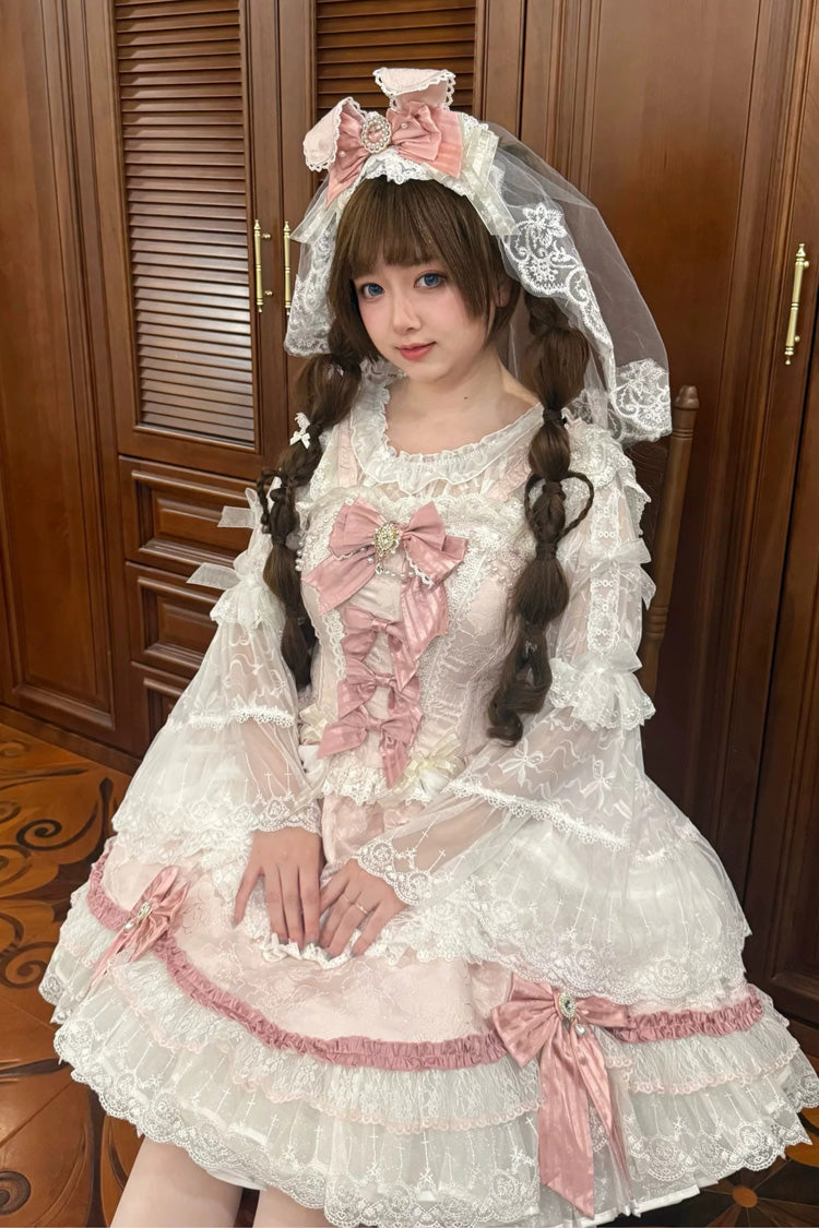 Rose Ribbon Prelude Square Neck Sleeveless Embroidered Floral Lace A-Line JSK Dress - Pink