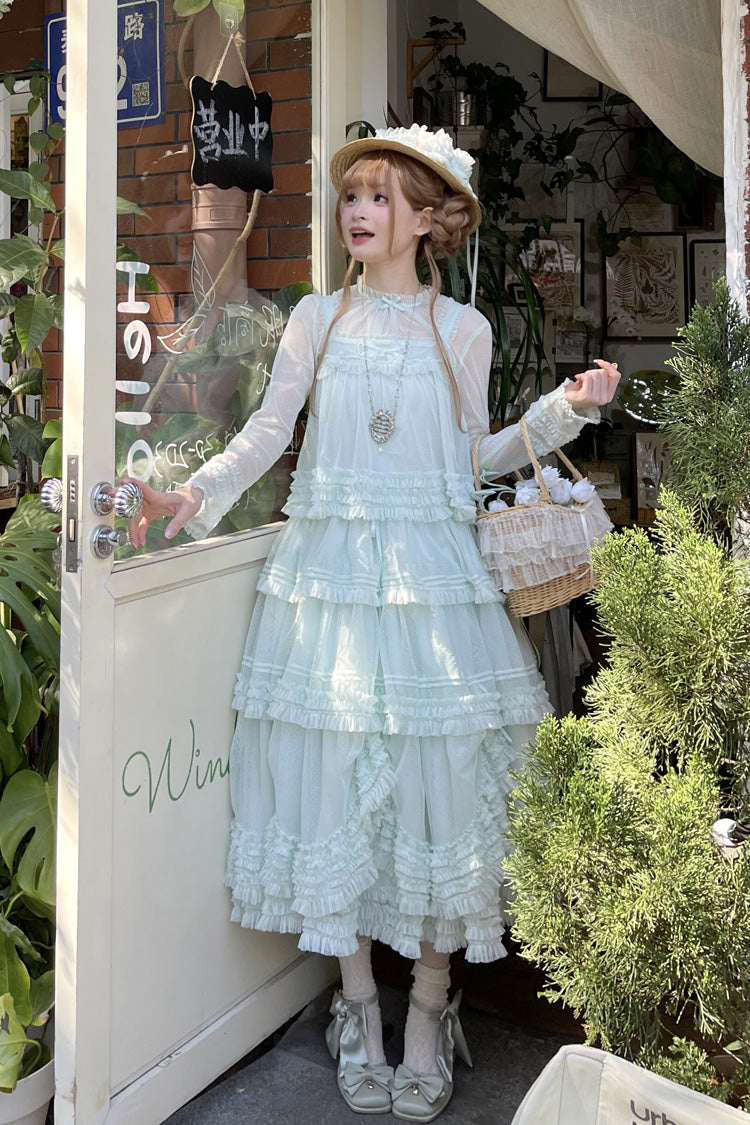 Sweet Stand Collar Long Sleeve Multi Layer Ruffle Color Block Lolita Tiered Dress 14 Colors
