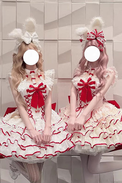 Cupid Strawberry Sleeveless Triple Layer Ruffle Bow Princess Ballet Sweet Lolita Dress 2 Colors