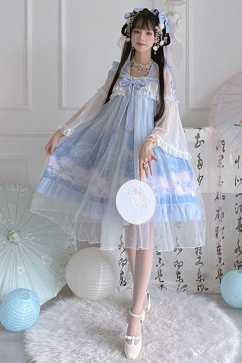 Blue Sweet Lolita Dress Jellyfish Print Bowknot Chinese Style - Altfashion Shop