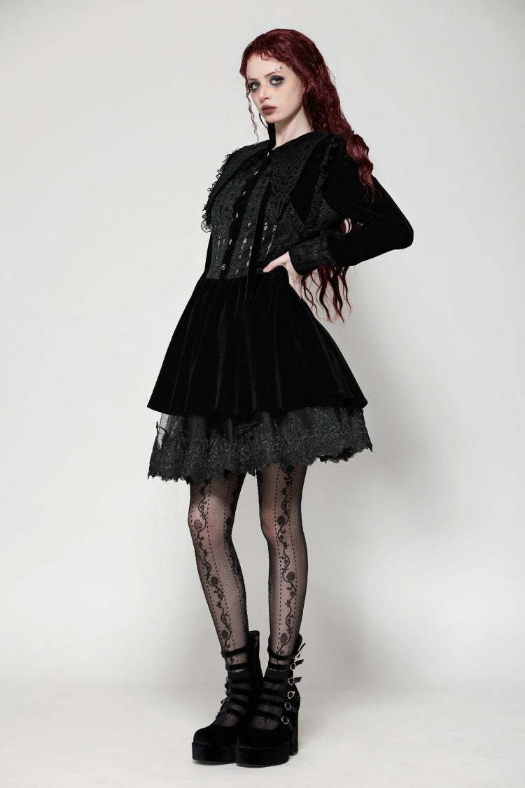Obsidian Lace Velvet Mini Dress with Long Sleeves