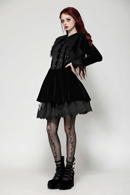 Obsidian Lace Velvet Mini Dress with Long Sleeves