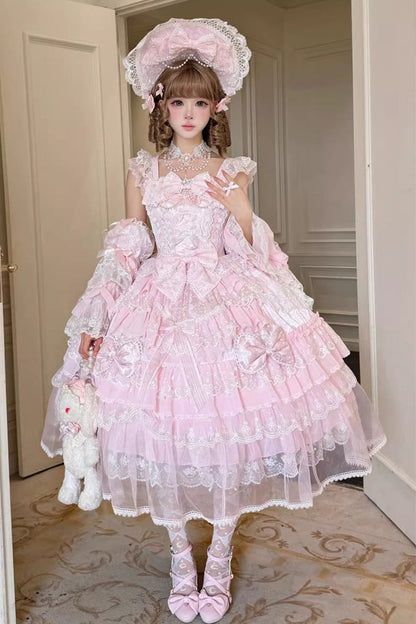 Rose Spring Prelude Sleeveless Tiered Ruffle Bow Lace Princess Sweet JSK Dress