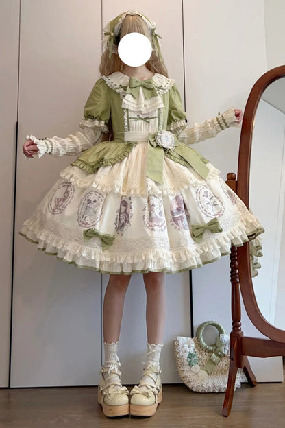 Emerald Little Ida's Flowers Short Sleeves Print Ruffle Bow Sweet Lolita Dress