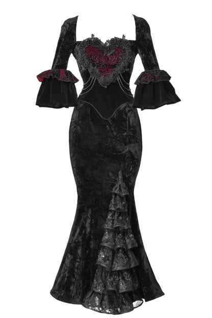 Square Collar Gothic Mermaid Dress with Multi-Layered Ruffled Embroidery - Castle of Dark Romance