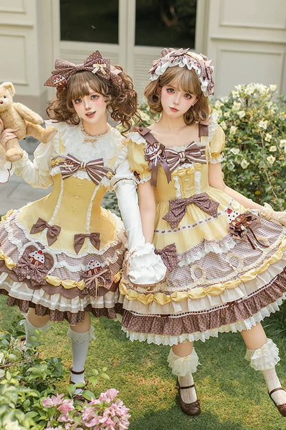 Polka Dot Cake Layered Print Ruffled Bow Sweet Lolita OP in Yellow Brown