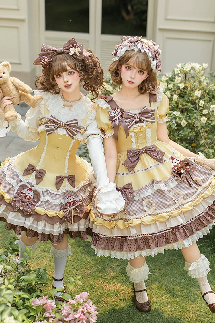 Polka Dot Cake Multi-Layer Ruffled Bow Sweet Lolita JSK in Yellow Brown