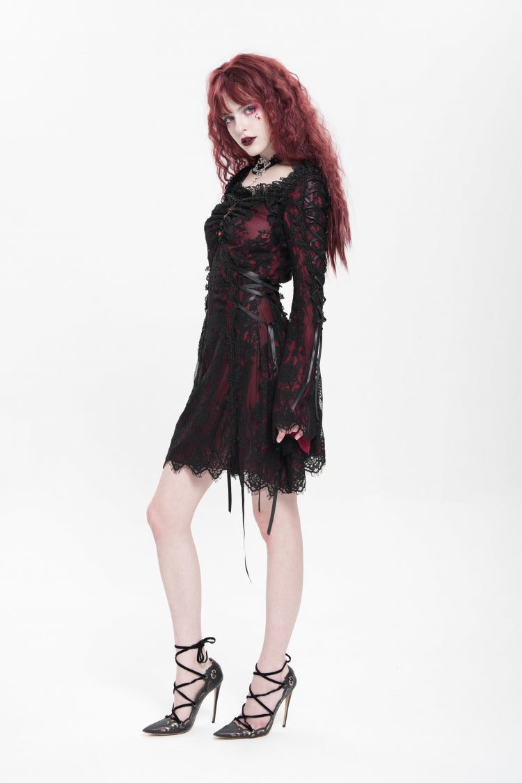 Square Collar Long Sleeve Floral Lace Lace-Up Gothic Dress