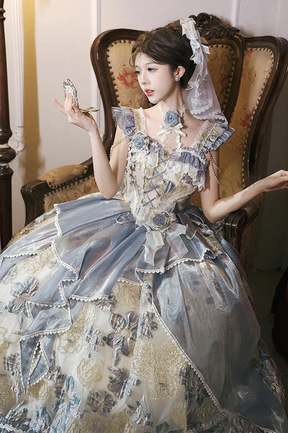 Off Shoulder Short Sleeve Printed Ruffled Embroidered Bow Lace-Up Sweet Princess Lolita Dress