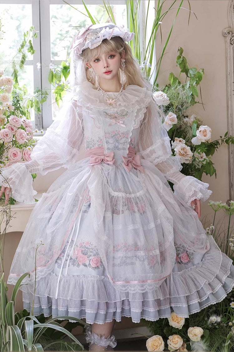 Multicolor Rose Flower Cage Print Ruffle Bow Lolita JSK