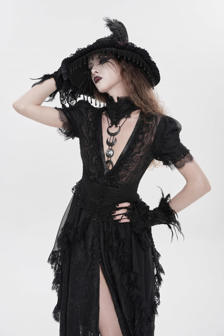 V Collar Short Sleeve Hanayome Lace Gothic Wedding Dress