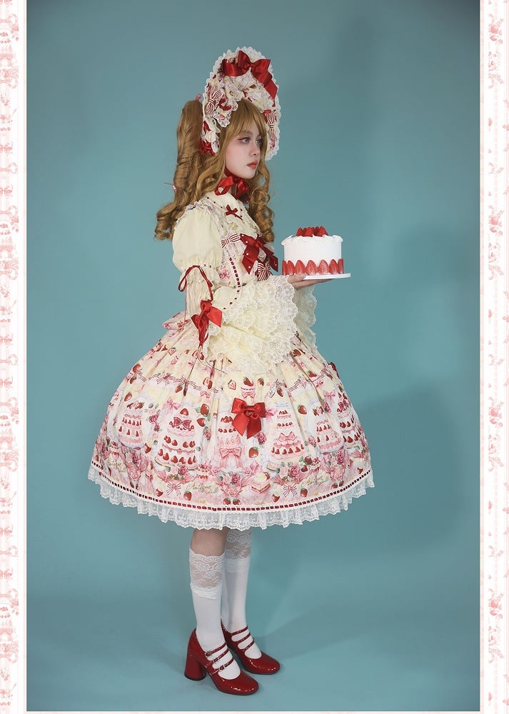 Strawberry and Desserts Print Yellow Sweet Bow Accents Lolita JSK / Full Set
