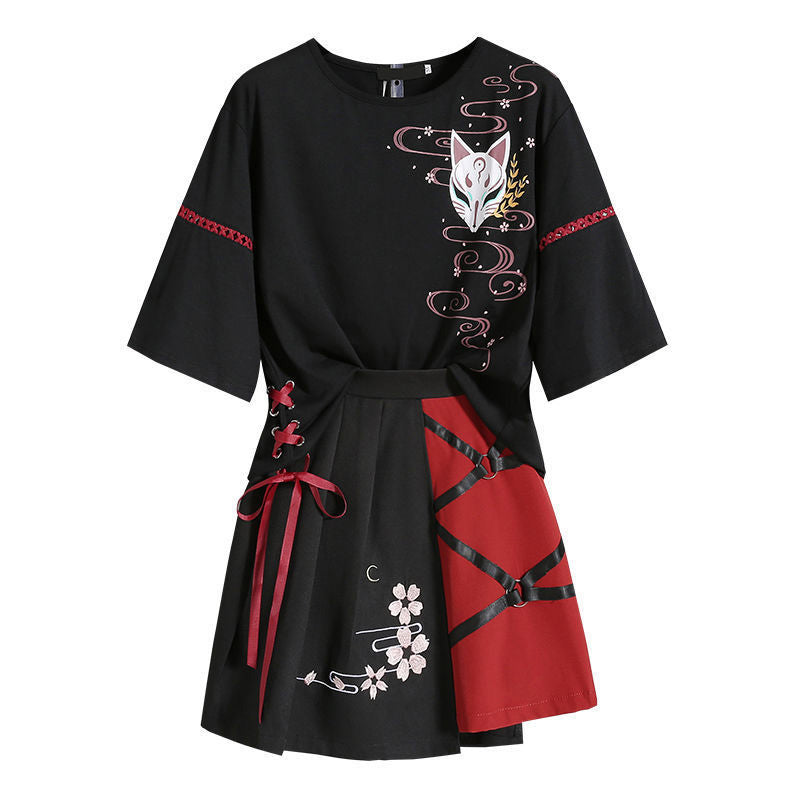 Vintage Sakura Fox Print Lace Up T-Shirt Skirt Set