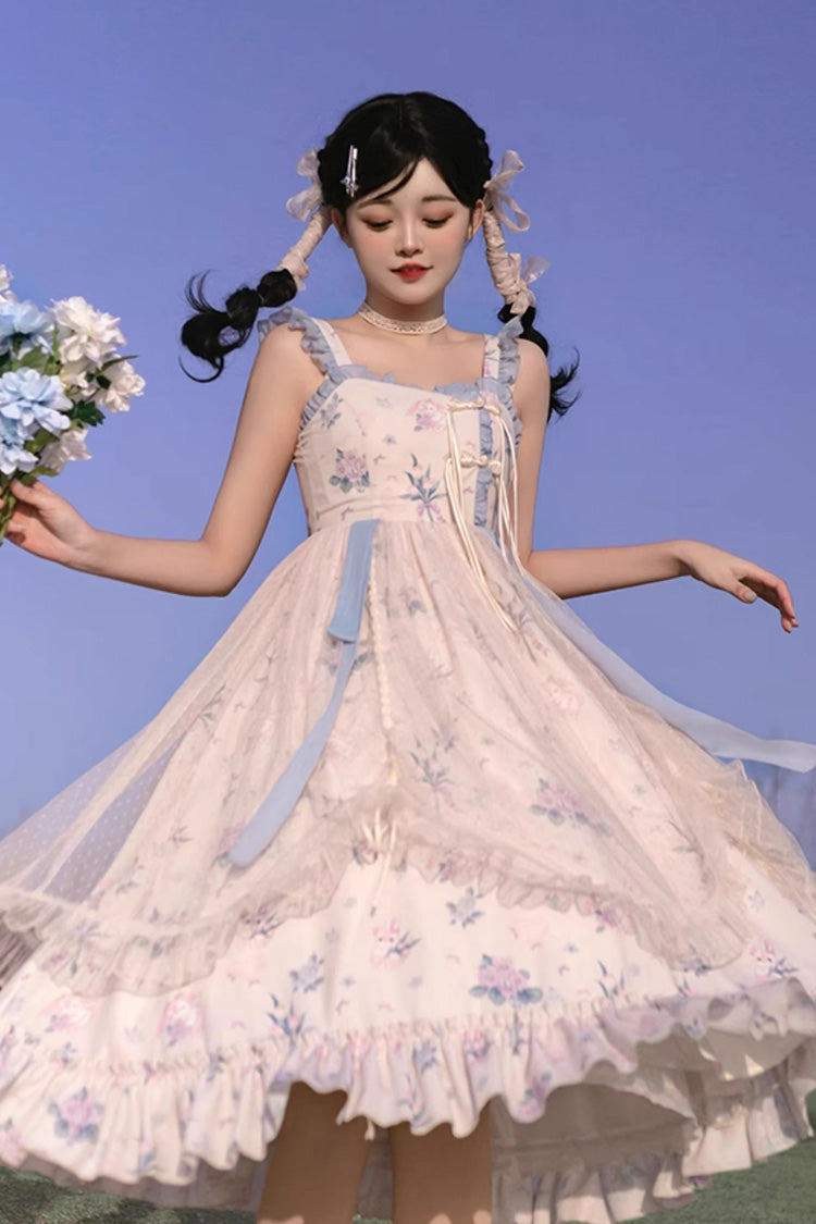 Elegant Floral Wall Print Sweet Lolita Gown with Ruffles