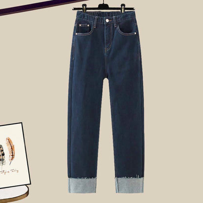 Rhombus Crop Top Set Pattern T-Shirt Pants Denim