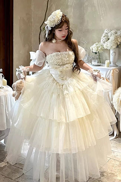 Mousse Serenade Triple-Layered Ruffled Hanayome Bow Lace Sweet Princess Lolita Strapless Dress in Beige