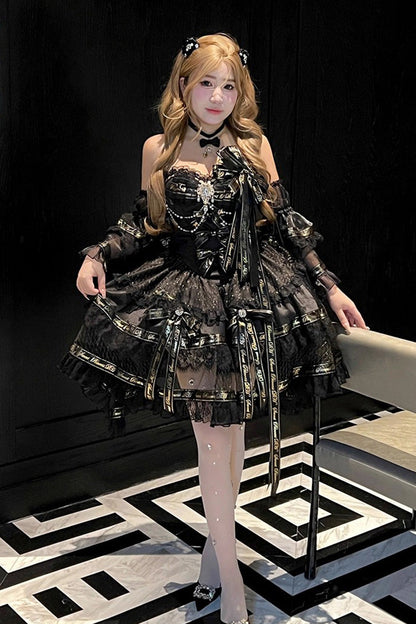 Sleeveless Gothic Princess Dress with Double Ruffled Bow and Pearls - Golden Obsidian Night