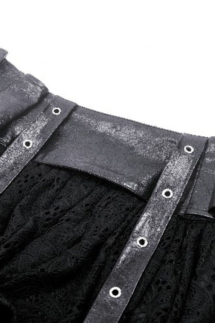 Lace-Up Punk Mini Skirt with Spliced Lace in Black Faux Leather