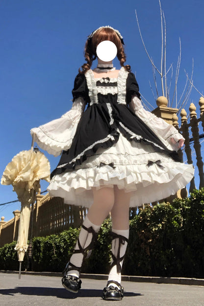 White Black Long Hime Sleeves Ruffled Cardigan Bow Gothic Lolita Dress