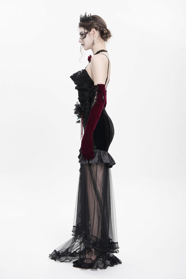 Floral Embroidery Mesh Hem Gothic Long Slip Dress