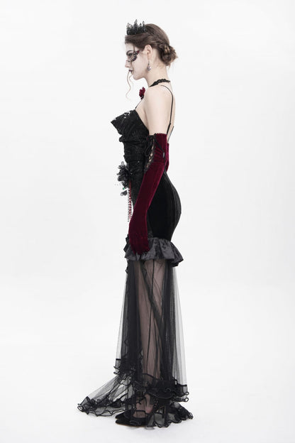 Floral Embroidery Mesh Hem Gothic Long Slip Dress