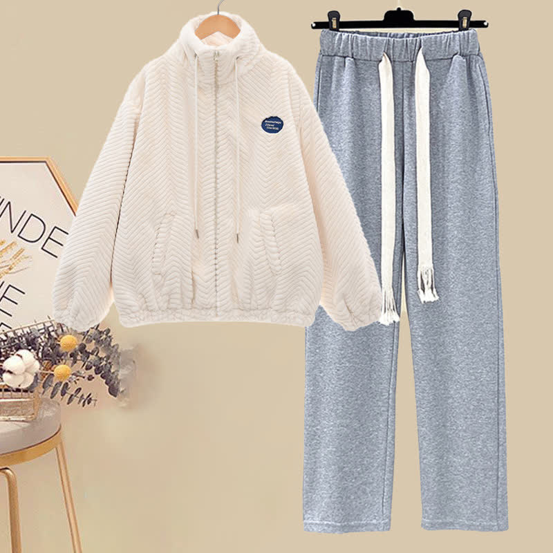 Grey Pants Zipper Pocket Set Outerwear Plush