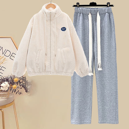 Grey Pants Zipper Pocket Set Outerwear Plush