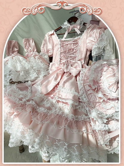 Pink Bow Accents High Waist Sweet Princess Lolita Dress with Detachable Sleeves