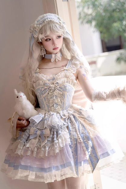 Sleeveless Embroidered Lace Dress with Fishbone Ruffle and Bow