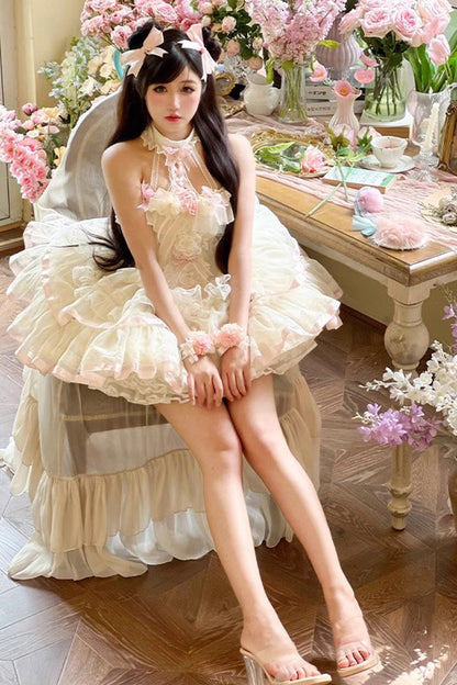 Floral Ballet Halterneck Layered Ruffled Lace Sweet Gown