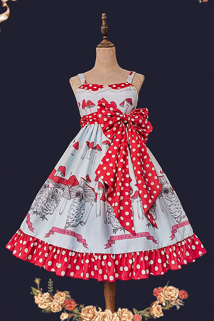 Mushroom-Print Bow-Adorned Ruffled Sweet Lolita Dress in Two Colors