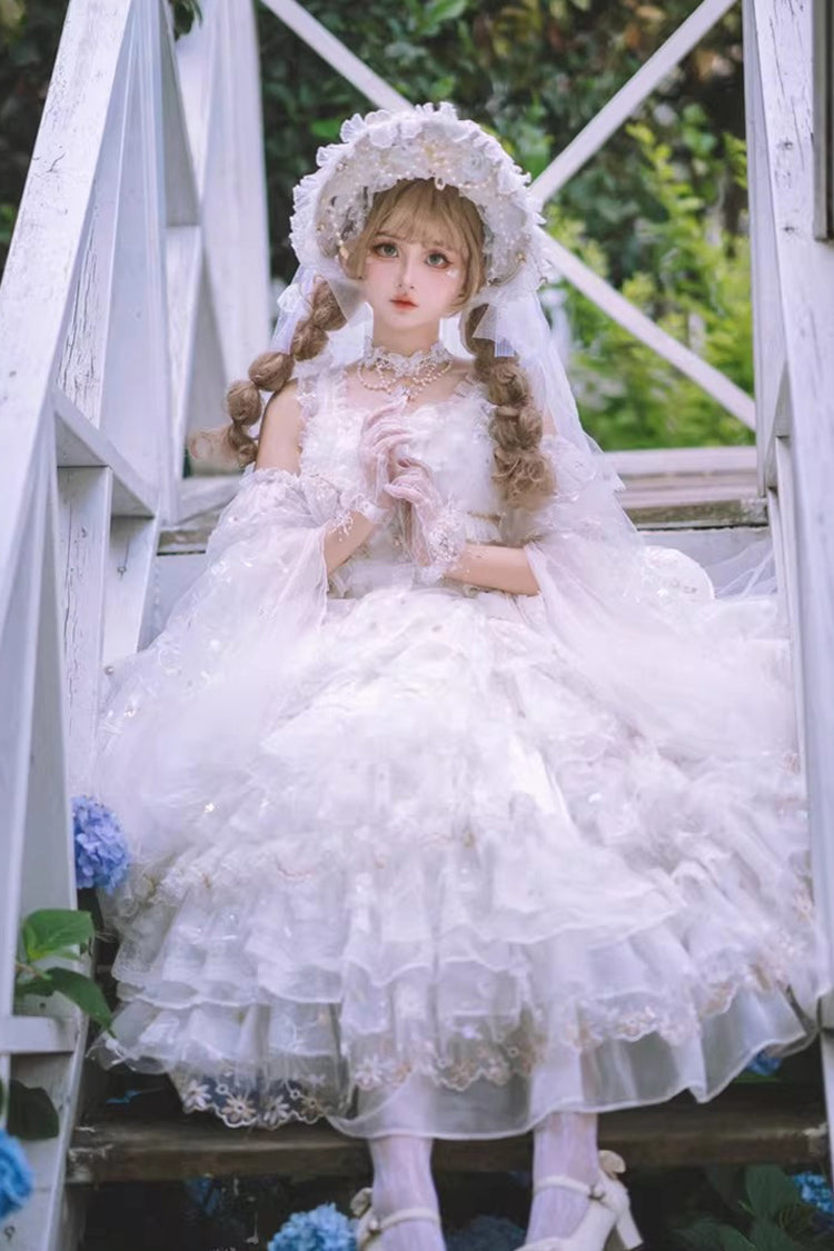 White Dreamy Waltz Sleeveless Layered Ruffle Lace Gothic JSK