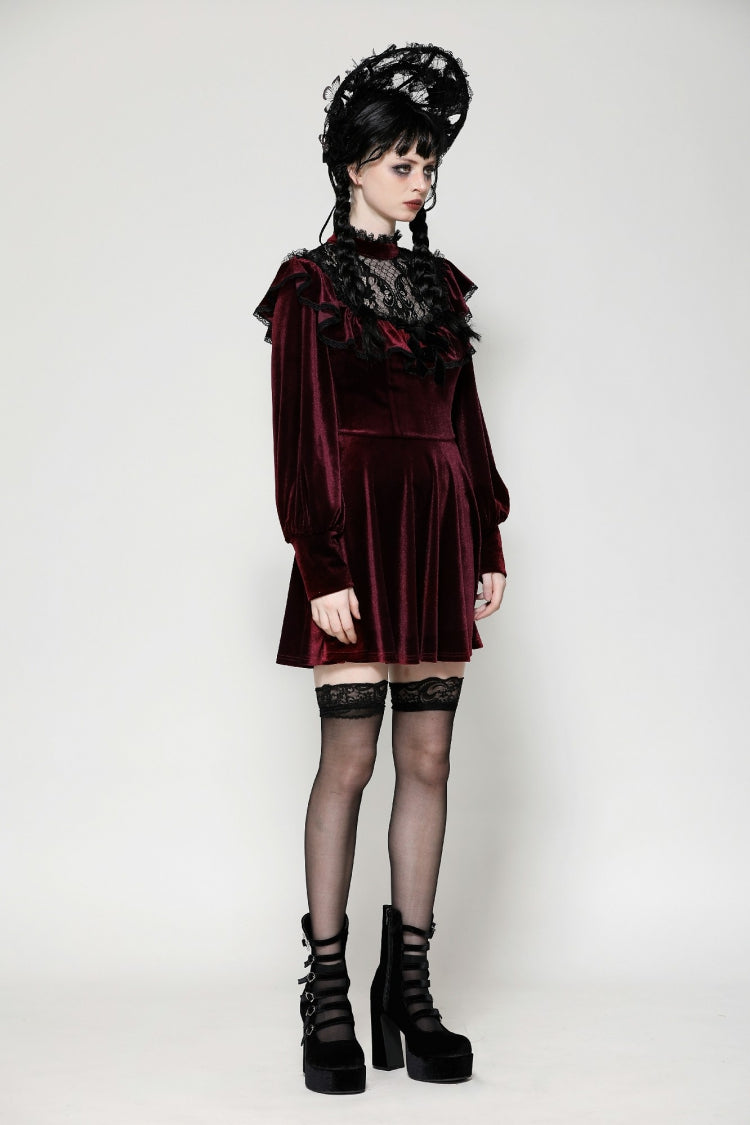 Crimson Knit Velvet Maxi Gown with Long Sleeves - Gothic Graduation Attire