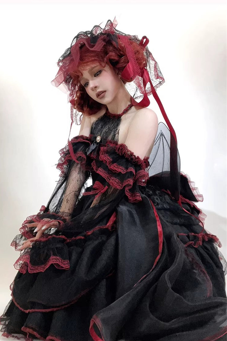 Layered Poem Halterneck Jacquard Lolita Dress with Bow - Noir