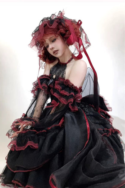 Layered Poem Halterneck Jacquard Lolita Dress with Bow - Noir