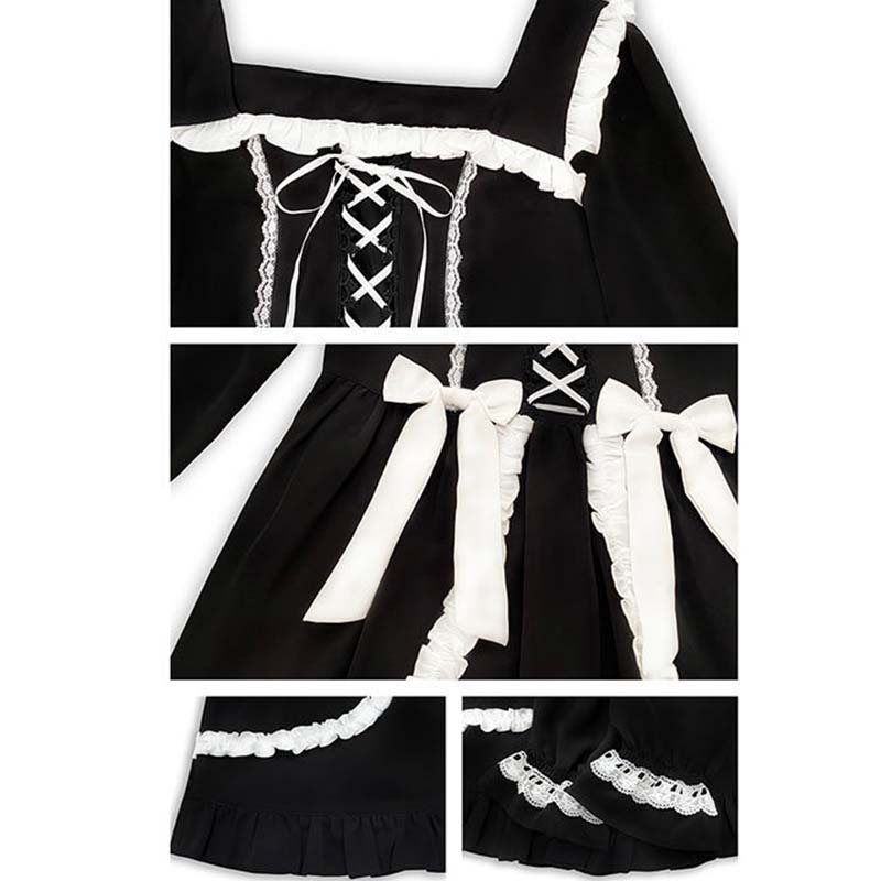 Schwarzes Lolita-Dienstmädchenkleid mit Schleife und Schnürung