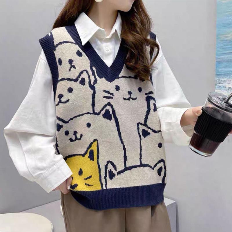 Ensemble gilet et chemise à lacets avec imprimé chat mignon