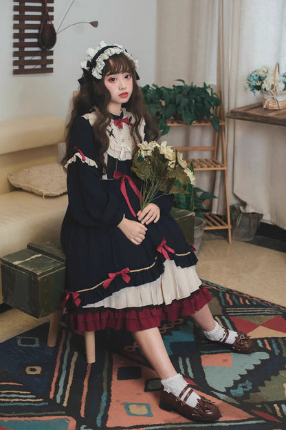 Blue Long Sleeves Ruffle Bow Daily Sweet Princess Lolita Dress