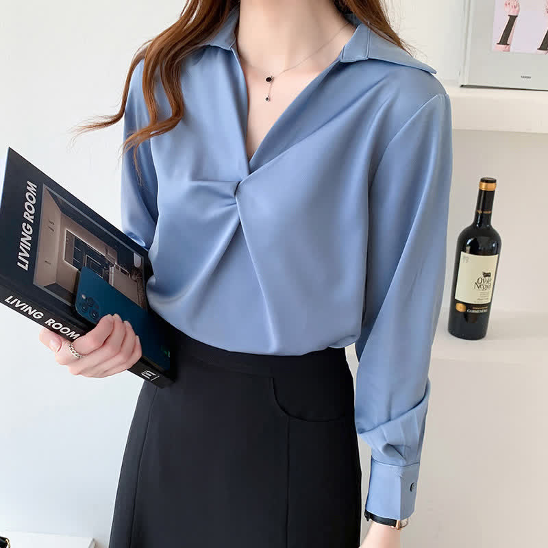 Chemise de travail élégante en satin à volants de couleur pure