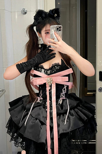Kitten Sweetheart Multi-Layered Ruffled Bow Lace-Up Princess Ballet Gothic Lolita Jsk Dress