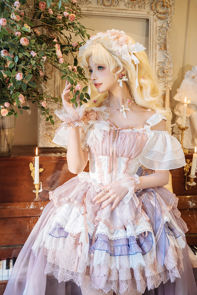 Pink Purple Rose Memoirs Sleeveless Multi-Layer Bow Lace Sweet Lolita Skirt Set