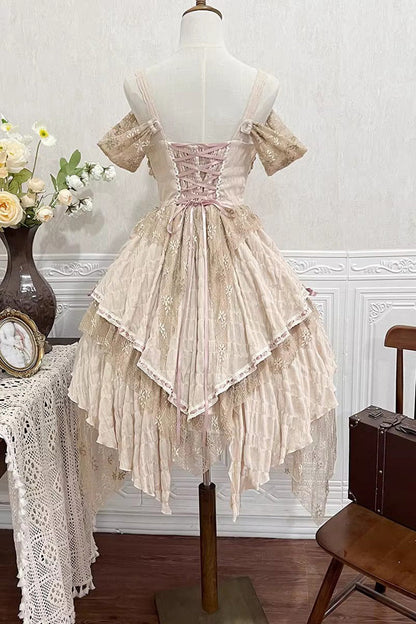 Golden Sleeveless High-Waist Printed Asymmetric Sweet JSK
