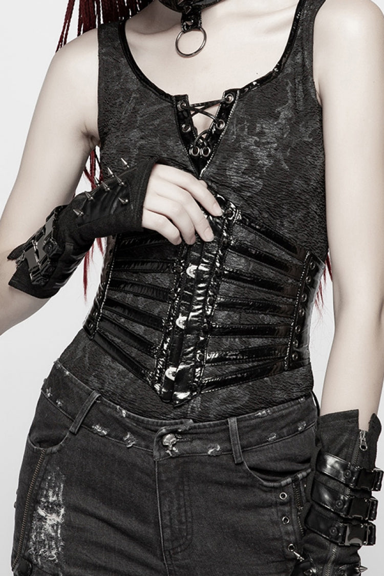Steampunk Women's Girdle with Faux Leather Strips and Lace-Up Detail